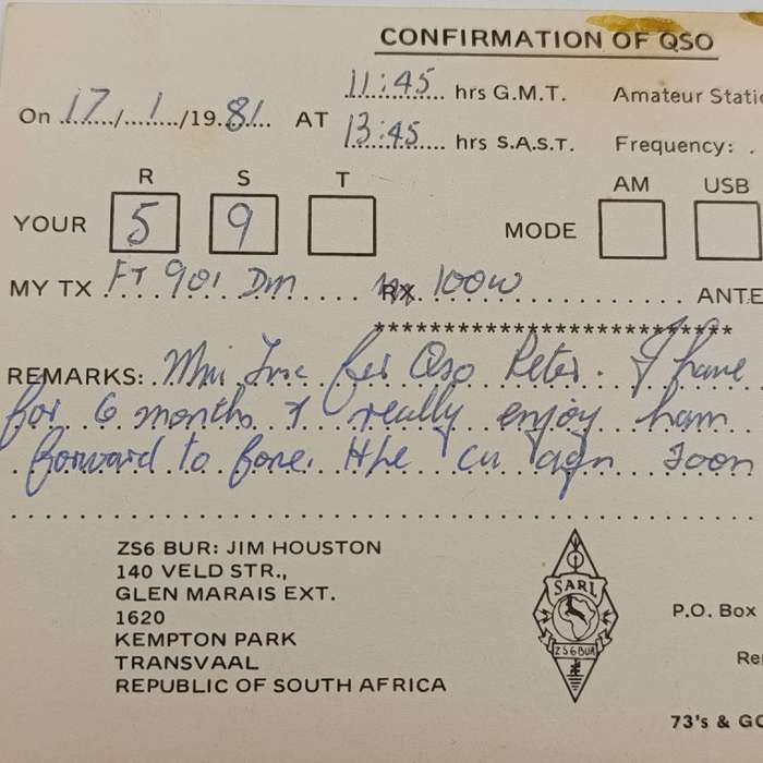 Jan Smuts Airport - Kempton Park 1981 QSL radio amateur card