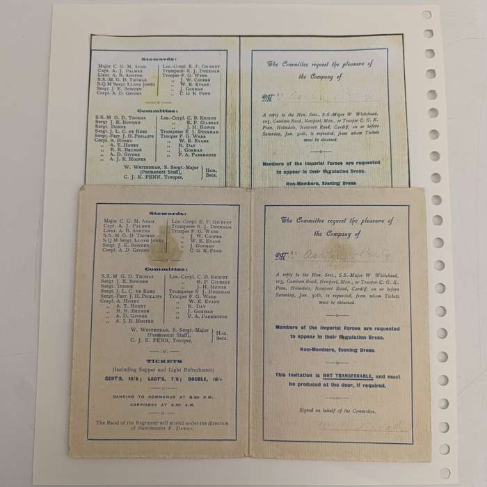 Royal Gloucestershire Hussars Yeomanry 20th annual invitation Ball card - Friday, February 5th, 1909