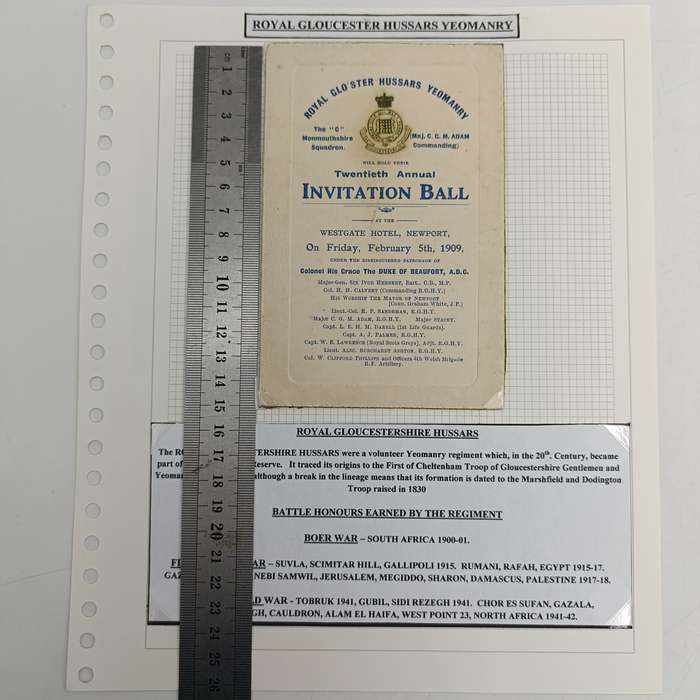 Royal Gloucestershire Hussars Yeomanry 20th annual invitation Ball card - Friday, February 5th, 1909