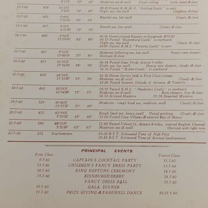 1960 Union Castle menu for RMS Edenburgh Castle with signatures of 11 friends