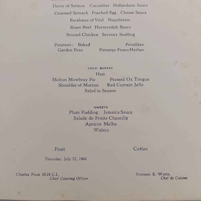 1960 Union Castle menu for RMS Edenburgh Castle with signatures of 11 friends