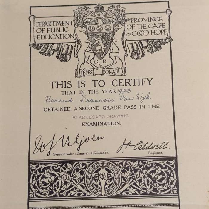3 Certificates to Barend Francois van Wyk dated 1923 -     Blackboard drawing, 1928 - Taaleksamens