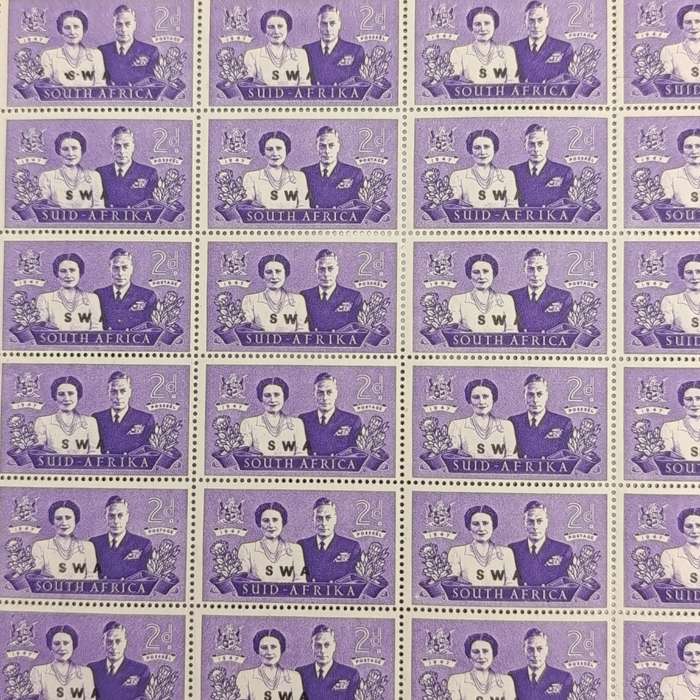 1947 Royal visit to South Africa 2d Part sheet of stamps - Top left stamp with ink flaw _S of SWA._