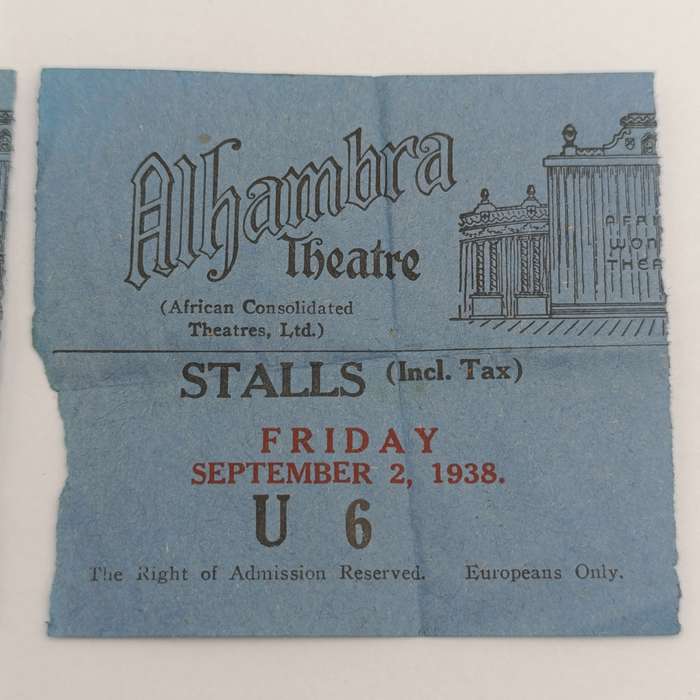 Alhambra Movie theatre Cape Town 2 Sept 1938 - Pair of tickets - Marked Europeans Only
