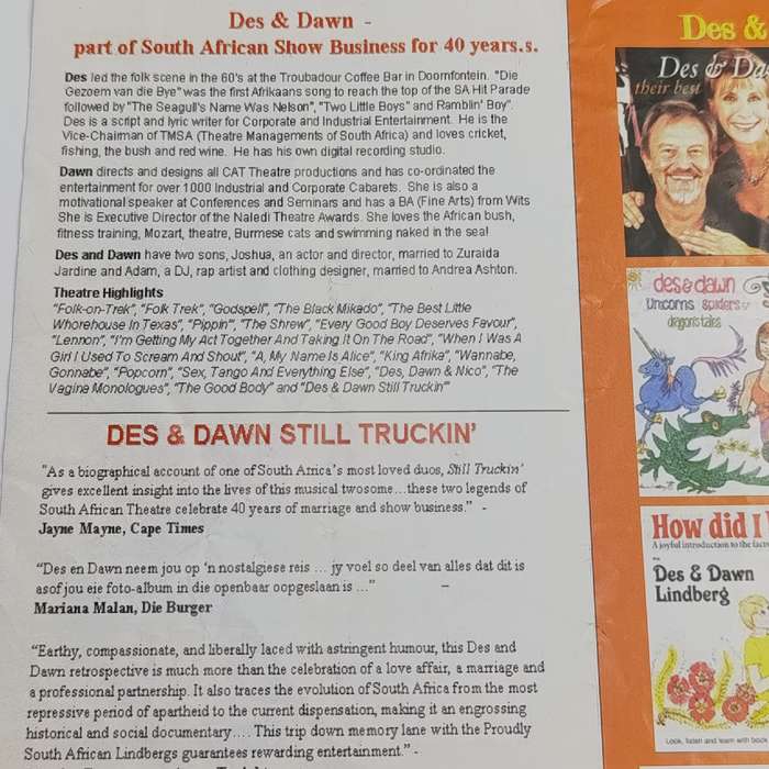 Des & Dawn Lindberg brochure for the Cat-Caberet & Theatre in Johannesburg