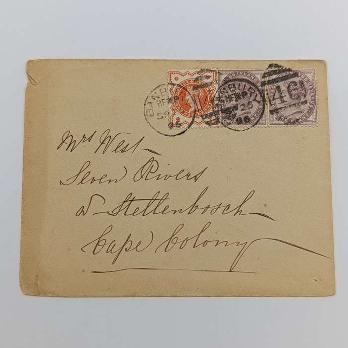1896 Cover from Banbury England to Stellenbosch, Cape colony with 3 Victoria stamps