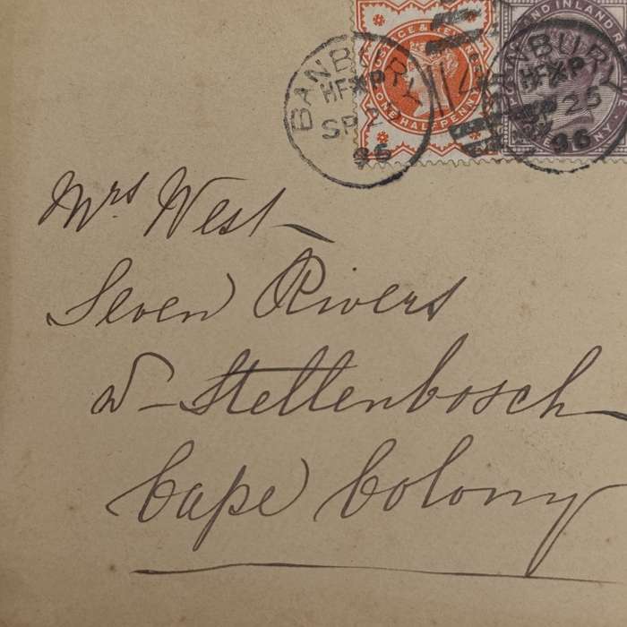 1896 Cover from Banbury England to Stellenbosch, Cape colony with 3 Victoria stamps