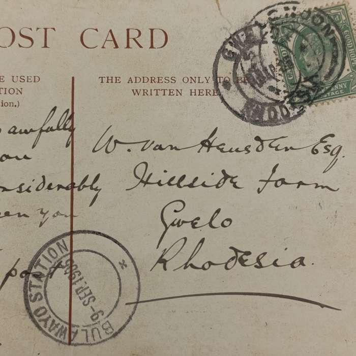 1905 Postcard from East London, South Africa to Gwelo, Rhodesia through Bulawayo station
