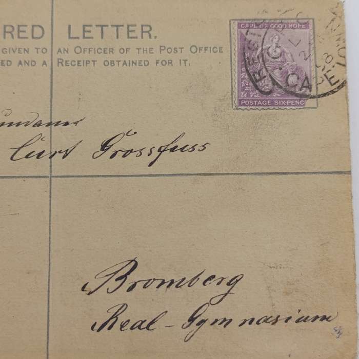 1898 Cape of Good Hope registered letter 4d prepaid plus 6d stamp Cape Town to Bromberg, Germany