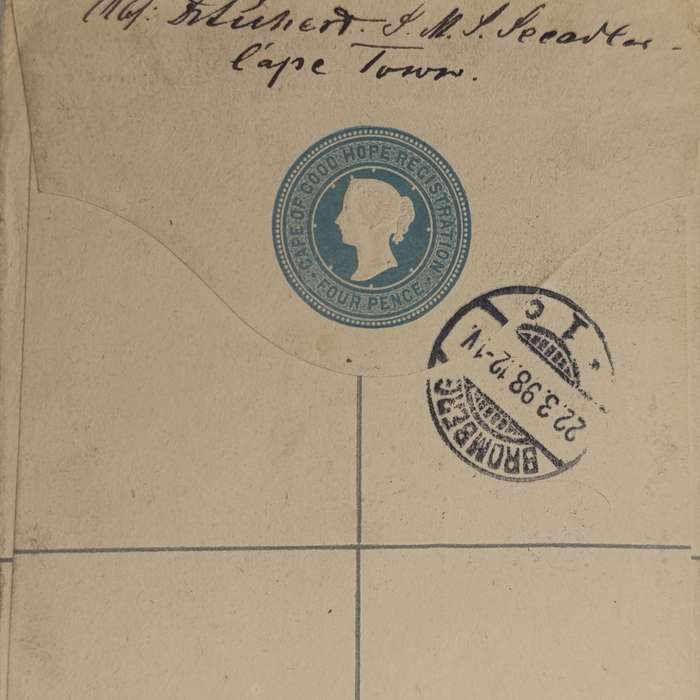 1898 Cape of Good Hope registered letter 4d prepaid plus 6d stamp Cape Town to Bromberg, Germany