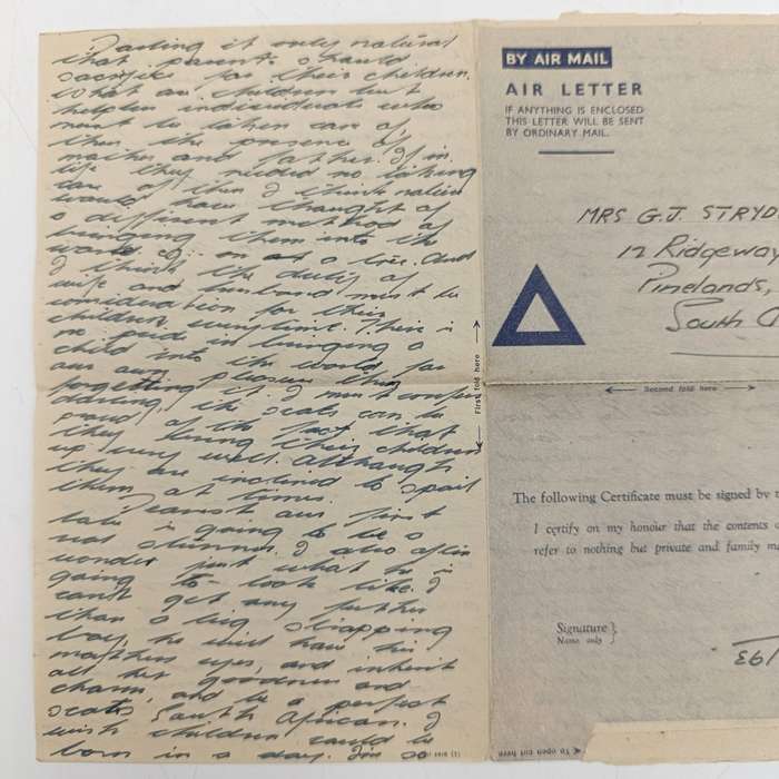 Lot of 110 WW2 period letter cards sent to Mrs GJ Strydom of Pinelands by her husband George