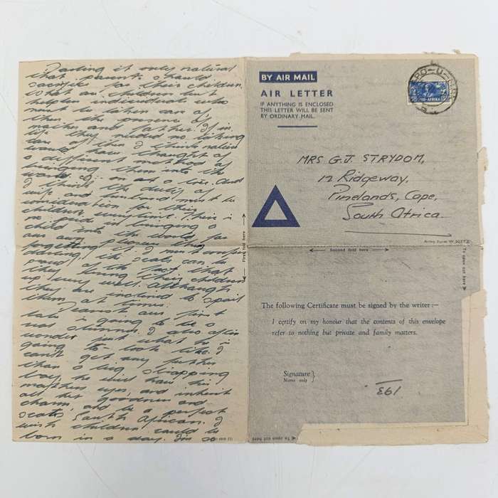 Lot of 110 WW2 period letter cards sent to Mrs GJ Strydom of Pinelands by her husband George