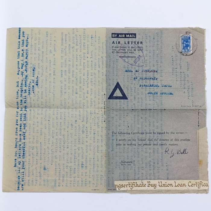 WW2 Air letter sent by Robin Bell to his sister May Strydom.