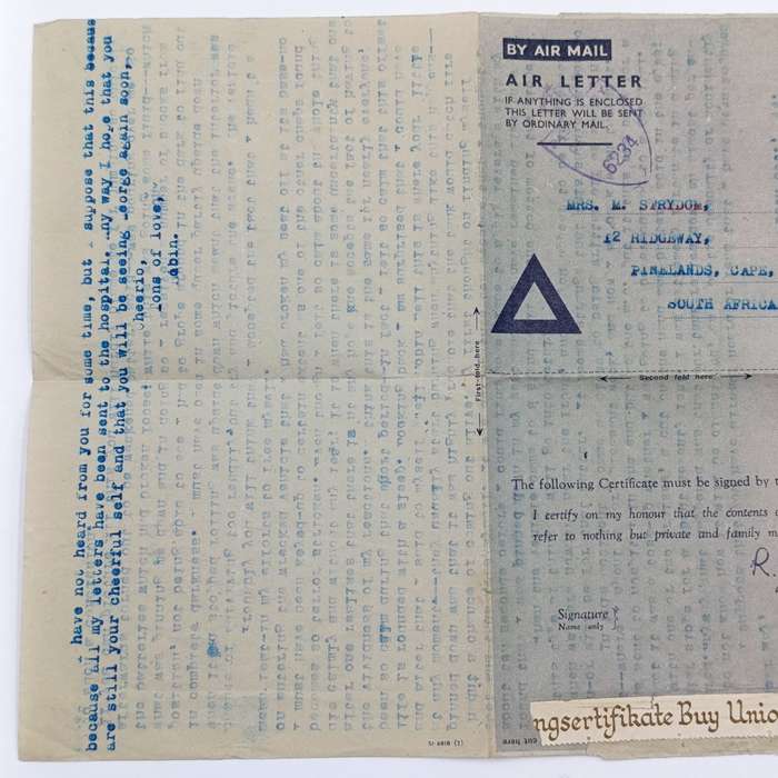WW2 Air letter sent by Robin Bell to his sister May Strydom.