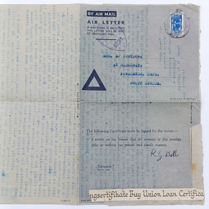 WW2 Air letter sent by Robin Bell to his sister May Strydom.