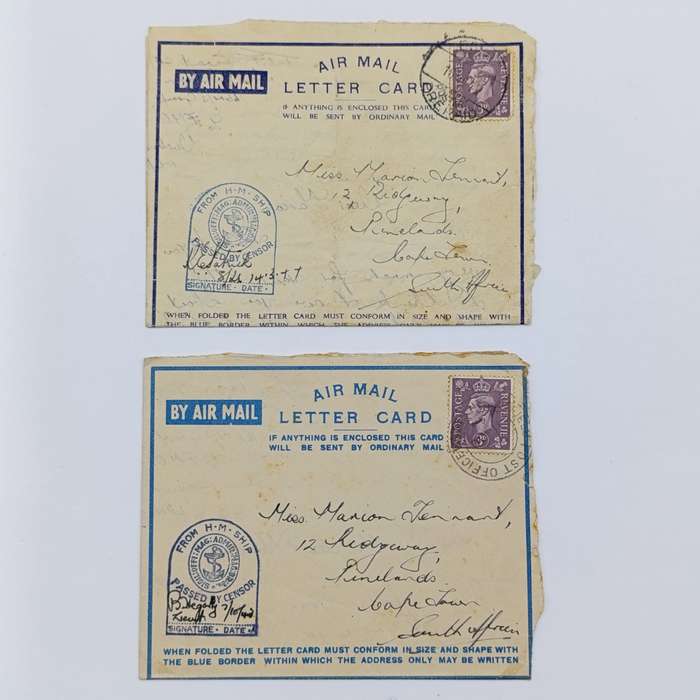 WW2 Airmail letter cards sent by Joe Tennant stationed on the HMSAS Seksern to his sister Marian
