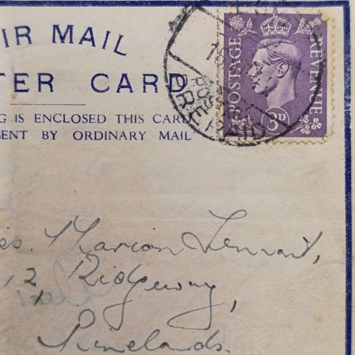 WW2 Airmail letter cards sent by Joe Tennant stationed on the HMSAS Seksern to his sister Marian