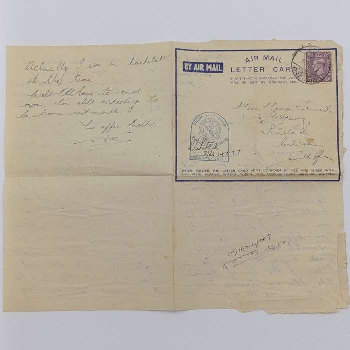 WW2 Airmail letter cards sent by Joe Tennant stationed on the HMSAS Seksern to his sister Marian
