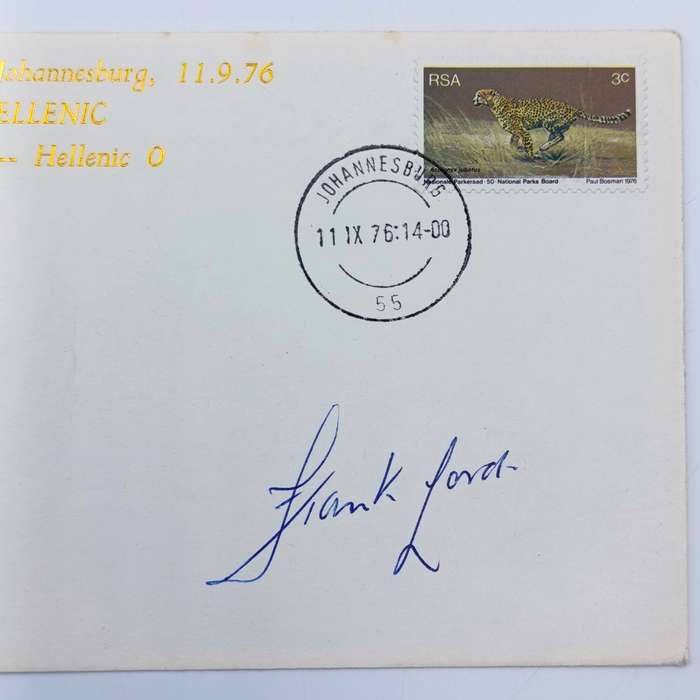 1976 Castle Cup Final Cape Town City vs Hellenic postal cover signed by the legendary Frank Lord