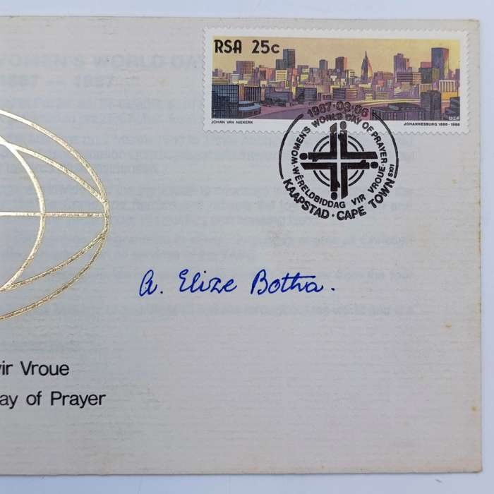 Postal cover RSA Centenary of the Women's World day of prayer signed by Elize Botha