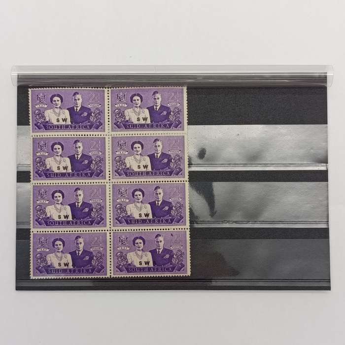 South West Africa SACC 163 block of 8 - bottom right stamp large spot flaw