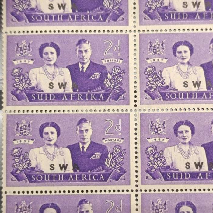 South West Africa SACC 163 block of 8 - bottom right stamp large spot flaw
