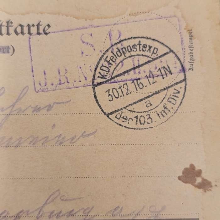 WW1 Feldpostkarte 103 Inf Division 1st Batallion 4th Company 30 December 1916