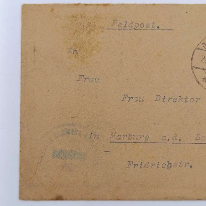 1918 Feldpost WW1 cover addressed to Frau Director Schirmen, Marburg Deutsche Feldpost