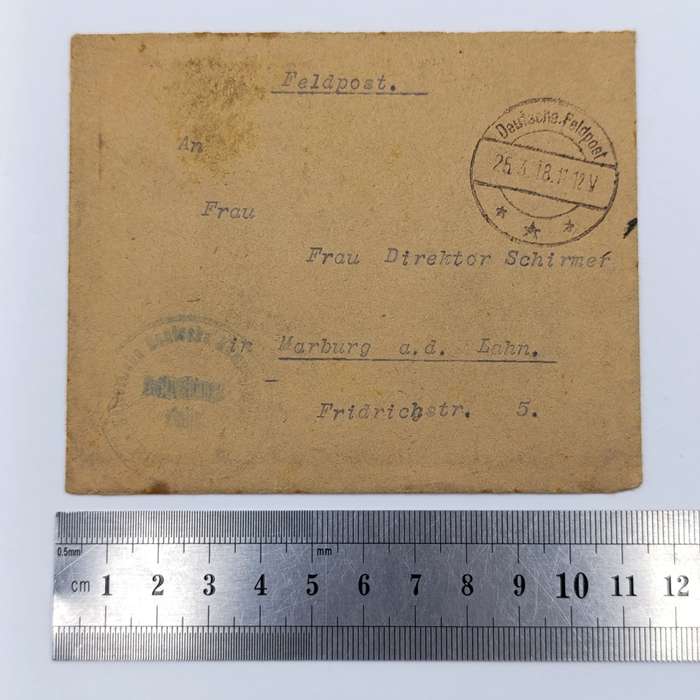 1918 Feldpost WW1 cover addressed to Frau Director Schirmen, Marburg Deutsche Feldpost