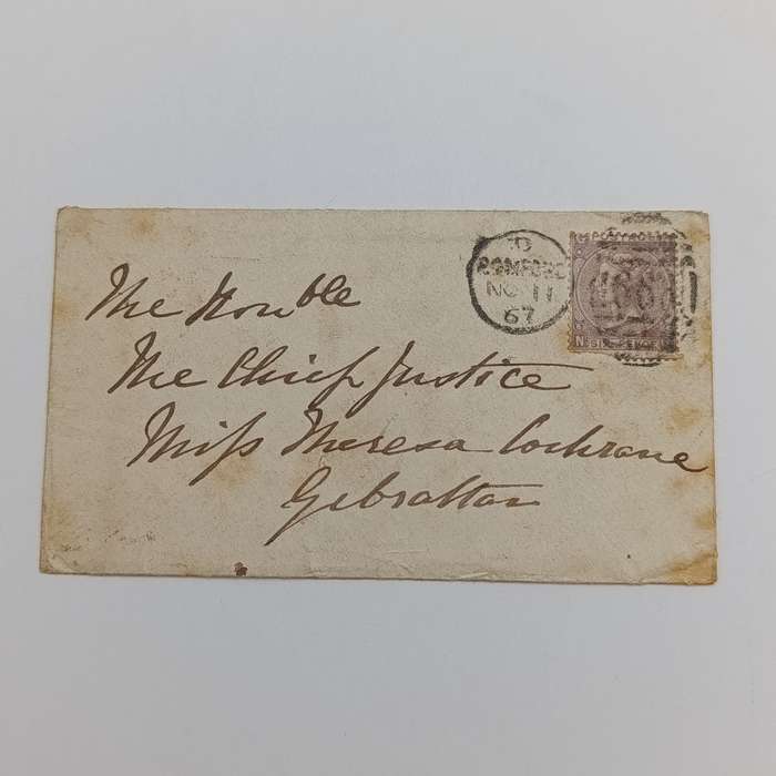 1867 Letter cover Banford, England to Gibraltar addressed to the Chief Justice with sixpence stamp
