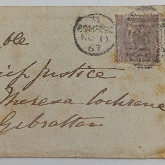 1867 Letter cover Banford, England to Gibraltar addressed to the Chief Justice with sixpence stamp