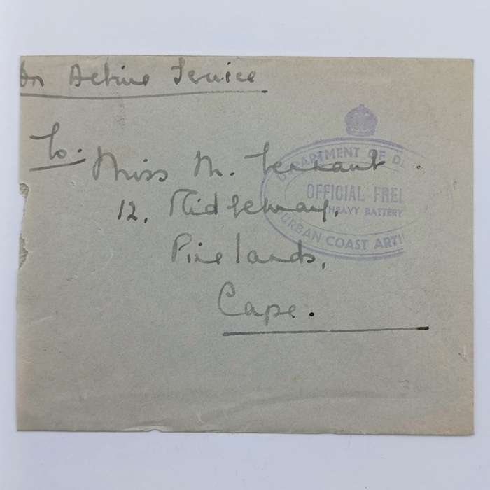 WW2 On Active service cover with Durban Artillery OFFICIAL FREE Rubber stamp