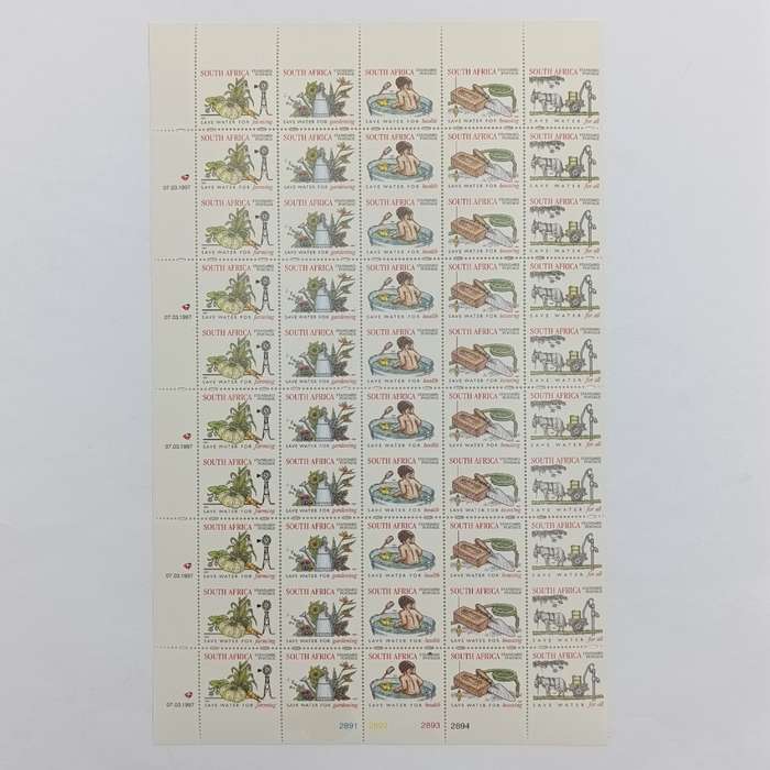 Full page of 1997 South Africa standard postage stamps with every second row perfaration missing (50