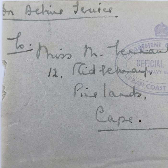 WW2 On Active service cover with Durban Artillery OFFICIAL FREE Rubber stamp