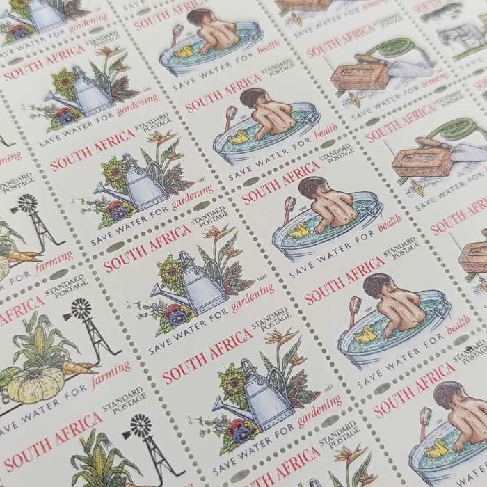 Full page of 1997 South Africa standard postage stamps with every second row perfaration missing (50