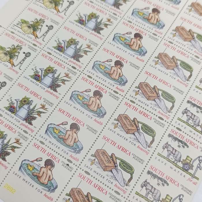 Full page of 1997 South Africa standard postage stamps with every second row perfaration missing (50