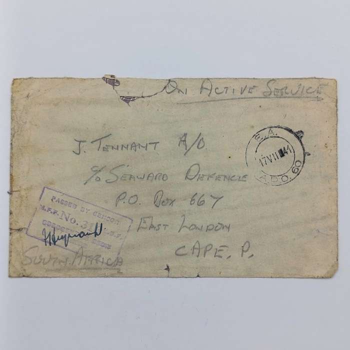 South Africa 1941 On Active service cover APO 60 to East London passed by censor