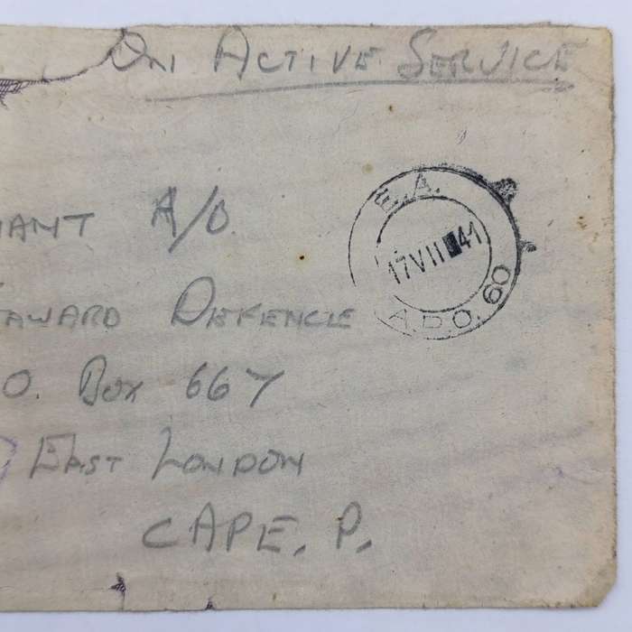 South Africa 1941 On Active service cover APO 60 to East London passed by censor