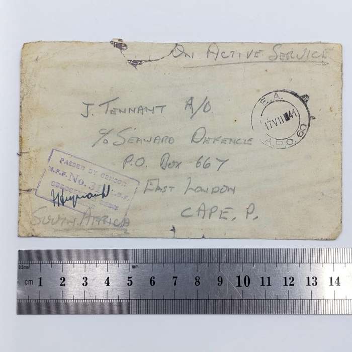 South Africa 1941 On Active service cover APO 60 to East London passed by censor