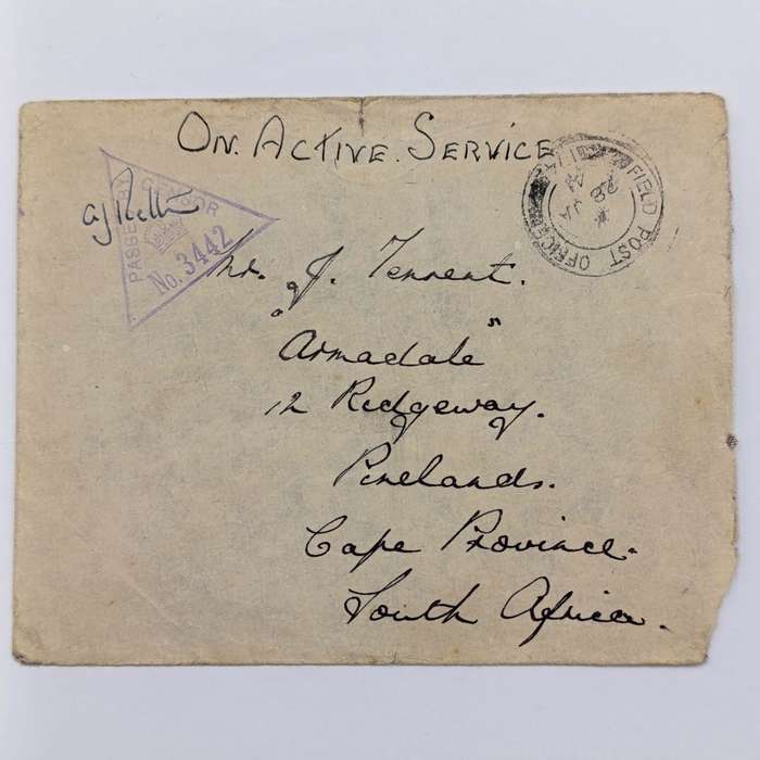1941 WW2 On Active service cover posted from Field Post Office 174 to Pinelands South Africa