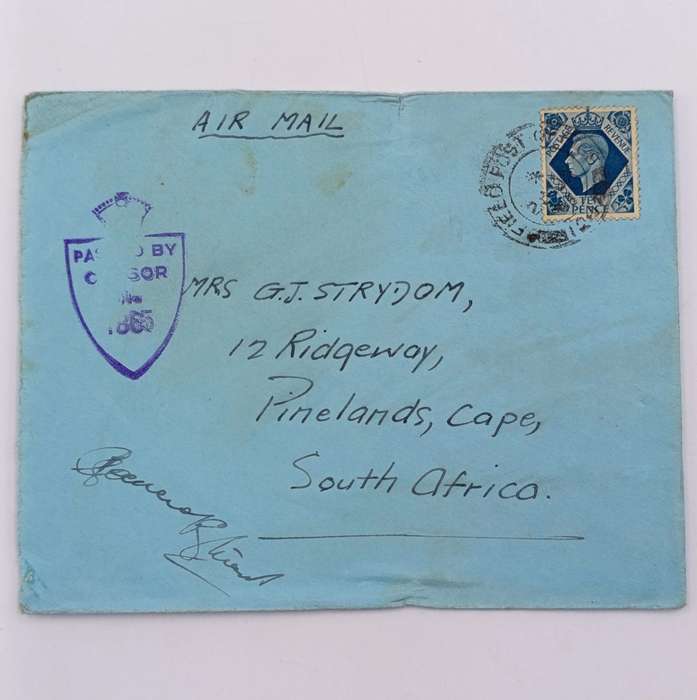 Airmail Field Post cover to Pinelands, South Africa with passed by censor 1865 mark