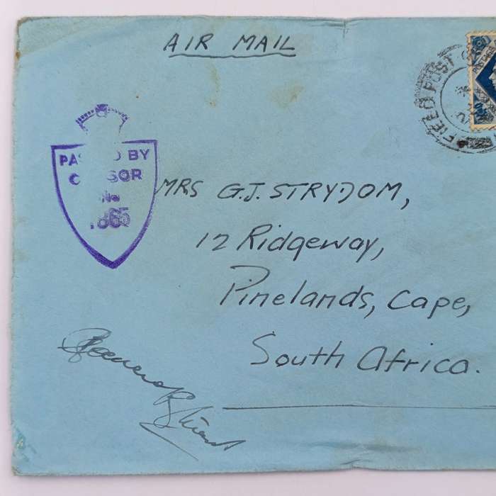 Airmail Field Post cover to Pinelands, South Africa with passed by censor 1865 mark