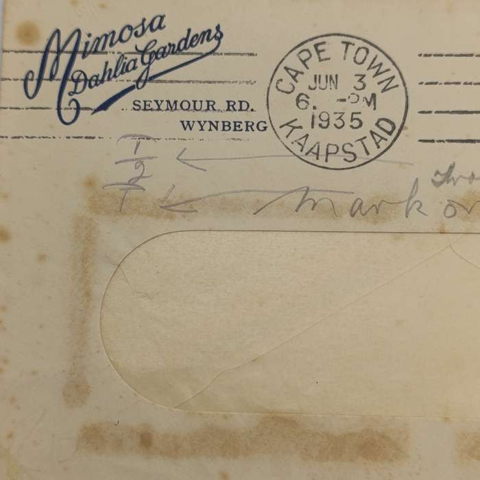 Cover posted Cape Town to Fishhoek 3-6-1935 on Mimosa Dahlia Gardens Stationary