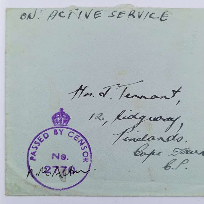 WW2 On Active Service cover - Passed by Censor no. 2770 and Received from HM Ships marks applied