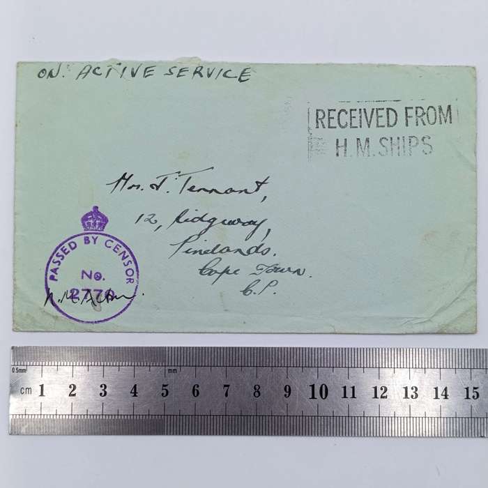 WW2 On Active Service cover - Passed by Censor no. 2770 and Received from HM Ships marks applied