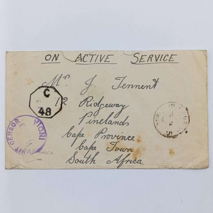 Dn Active Service Cover India to Cape Town, South Africa - WW2 period