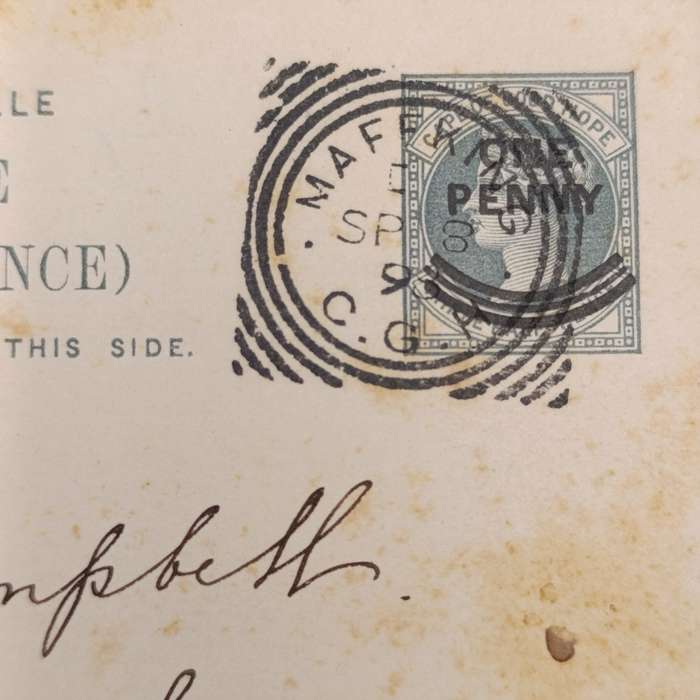 1898 pre printed card three half penny postage overprinted one penny - Mafeking to Fort Beaufort