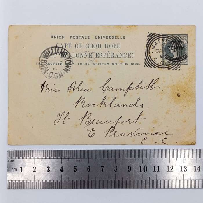 1898 pre printed card three half penny postage overprinted one penny - Mafeking to Fort Beaufort
