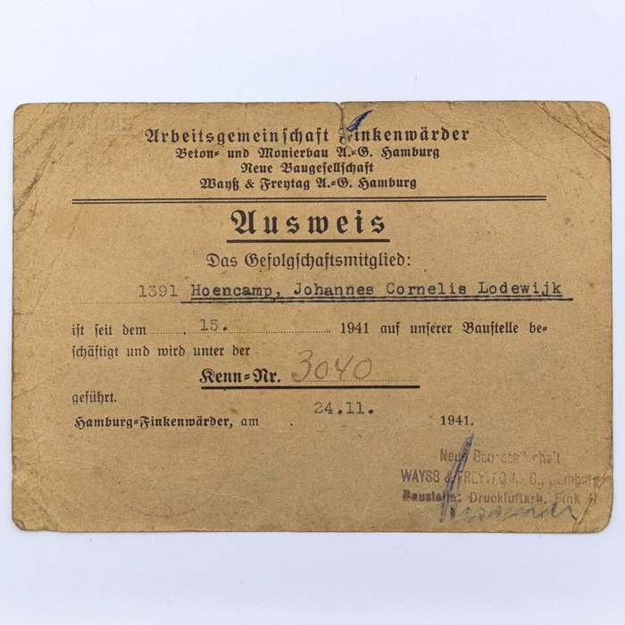 1941 WW2 Hamburg Proof of appointment as construction worker - Identification JCL Hoencamp