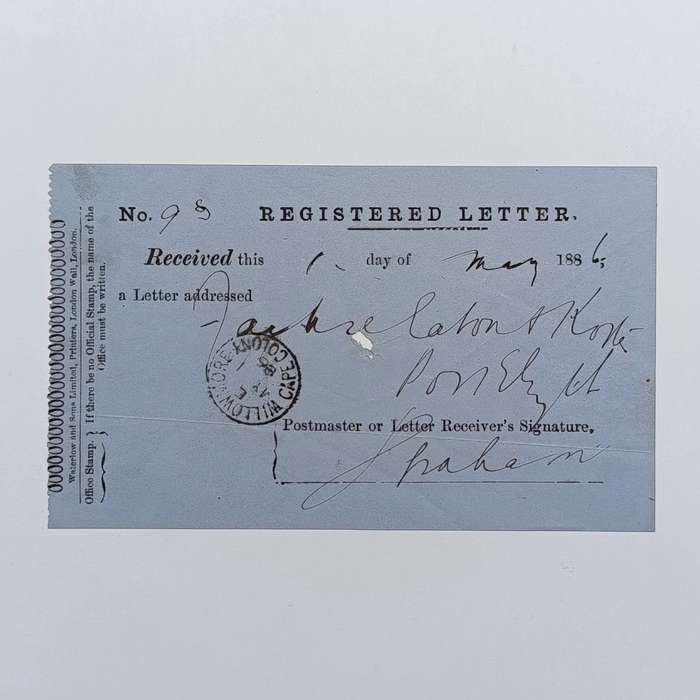 1886 Registered letter receipt, sent from Willowmore to Port Elizabeth